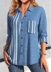 Denim Blue Patchwork Denim-effect Print Long Sleeve Blouse | thumb picture 