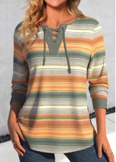 Multi Color Lace Up Striped T Shirt
