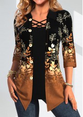 Dark Camel Leaf Print Fake Two Piece Twinset | thumb picture 