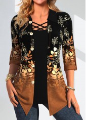 Dark Camel Leaf Print Fake Two Piece Twinset