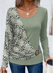 Sage Green Patchwork Leopard Long Sleeve T Shirt