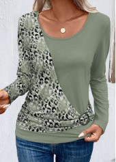 Sage Green Patchwork Leopard Long Sleeve T Shirt | thumb picture 