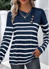 Navy Button Striped Long Sleeve T Shirt | thumb picture 
