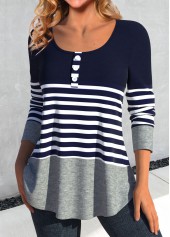 Navy Patchwork Striped Long Sleeve T Shirt | thumb picture 