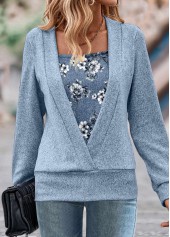 Dusty Blue Fake 2in1 Random Floral Print Sweatshirt