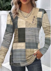 Multi Color Button Geometric Print T Shirt