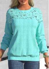 Cyan Patchwork Long Sleeve Round Neck Sweatshirt