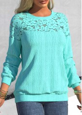 Cyan Patchwork Long Sleeve Round Neck Sweatshirt | thumb picture 