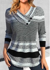 Grey Asymmetry Striped Long Sleeve T Shirt