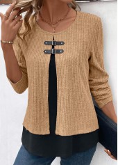 Light Camel Long Sleeve Fake Two Piece Twinset | thumb picture 
