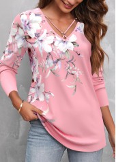 Pink Circular Ring Floral Print T Shirt