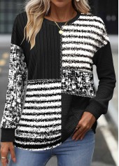 Black Patchwork Striped Long Sleeve Round Neck Sweatshirt
