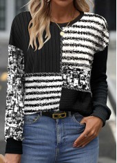 Black Patchwork Striped Long Sleeve Round Neck Sweatshirt | thumb picture 