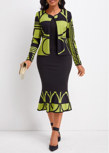 Modlily Avocado Green Mermaid Geometric Print Two Piece Suit Dress and Cardigan - XL