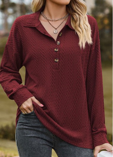 Modlily Wine Red Button Long Sleeve Sweatshirt - L