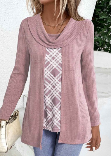 women clothes image of Dusty Purple Plaid Long Sleeve Fake Two Piece Twinset