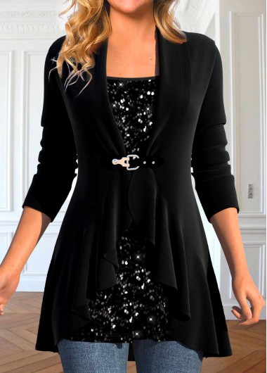 Modlily Velvet Plus Size Black Sequin Long Sleeve T Shirt - 3X
