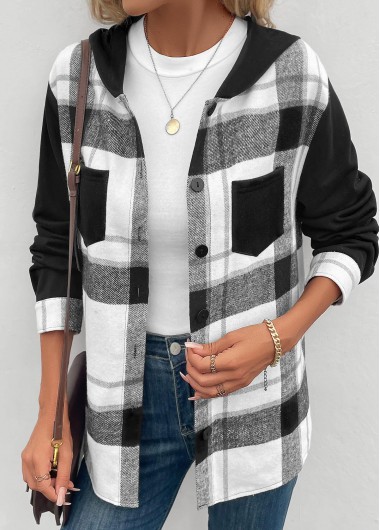 Modlily Black Patchwork Plaid Long Sleeve Hooded Coat - S