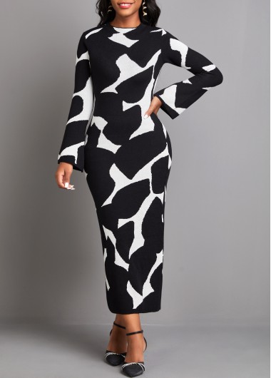 Modlily Black Cow Print Long Sleeve Maxi Bodycon Dress - S