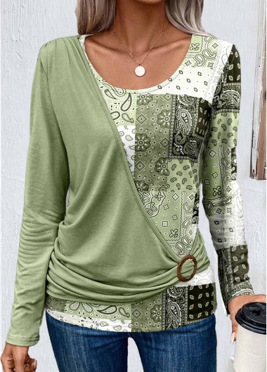 women clothes image of Light Green Asymmetry Patchwork Long Sleeve T Shirt