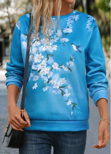 Modlily Blue Patchwork Floral Print Long Sleeve Round Neck Sweatshirt - 4XL