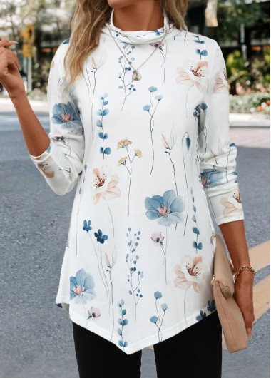 Modlily White Asymmetry Floral Print Long Sleeve T Shirt - L