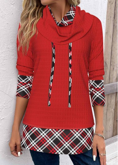 Red Patchwork Plaid Long Sleeve Cowl Neck Sweatshirt | modlily.com ...