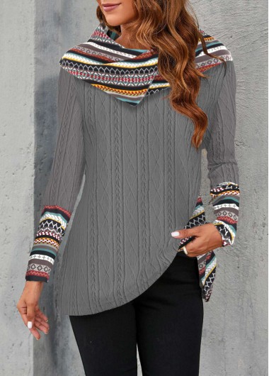 Modlily Dark Grey Patchwork Tribal Print Long Sleeve Sweatshirt - XL