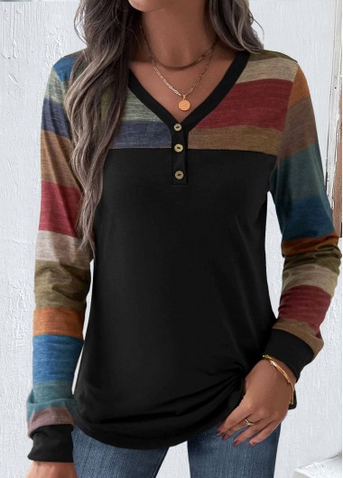 Modlily Plus Size Multi Color Patchwork Striped T Shirt - 3X
