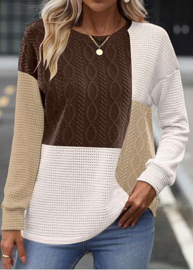 Modlily Plus Size Dark Coffee Patchwork Long Sleeve Sweatshirt - 2X