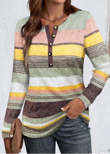 Modlily Multi Color Button Striped Long Sleeve T Shirt - XXL