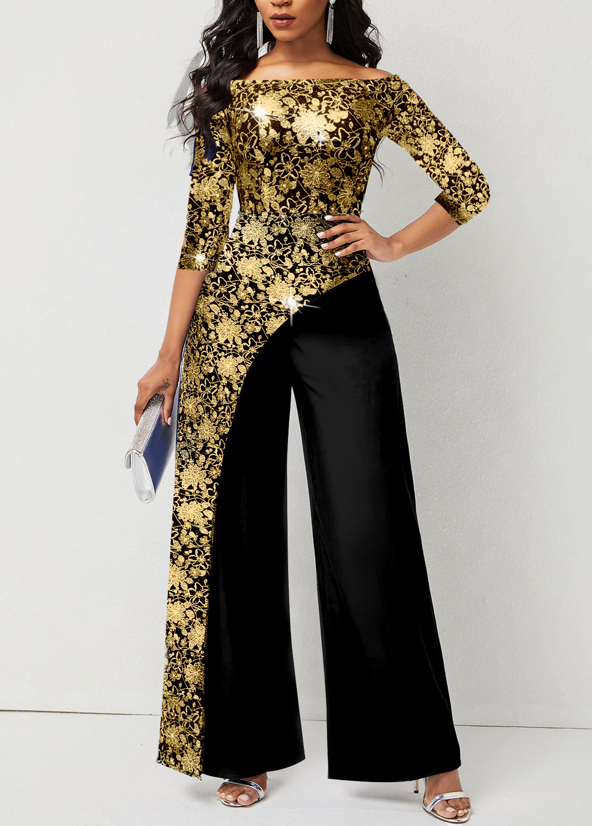 Golden Hot Stamping Floral Print 3/4 Sleeve Jumpsuit
