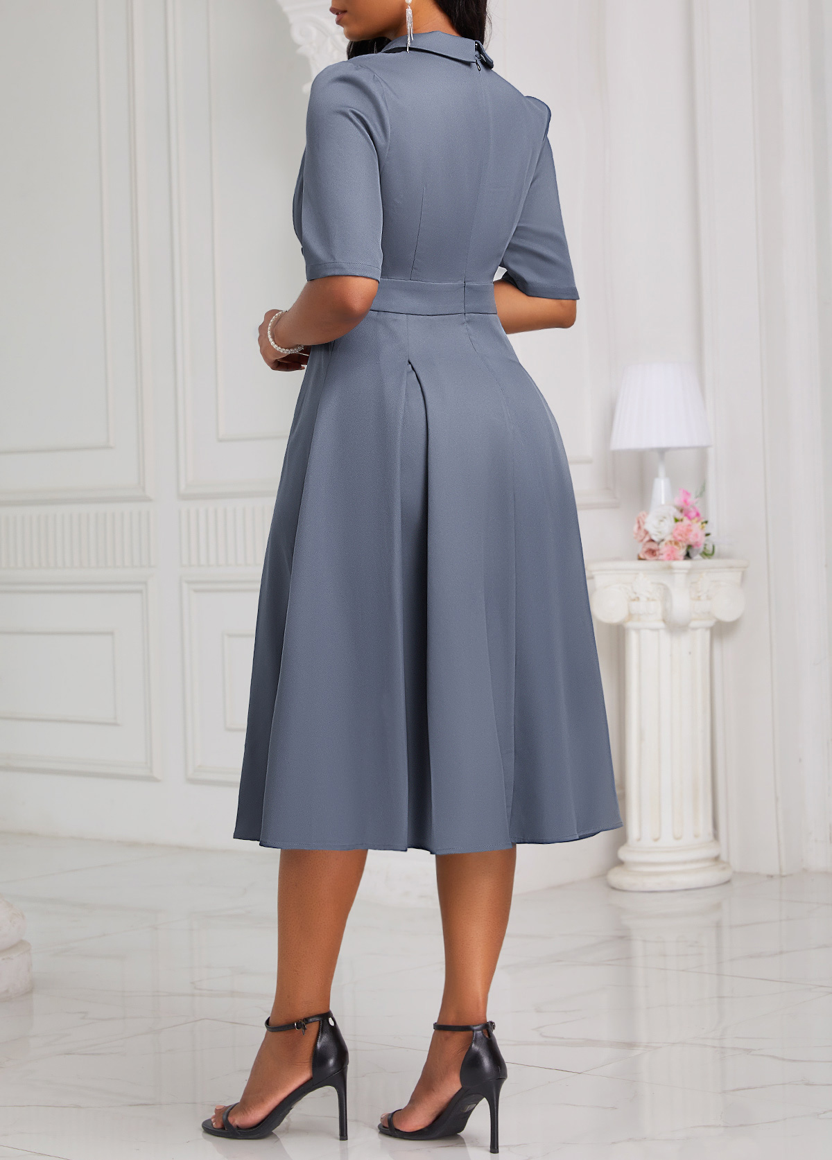 Dusty Blue Asymmetry Half Sleeve Lapel Dress