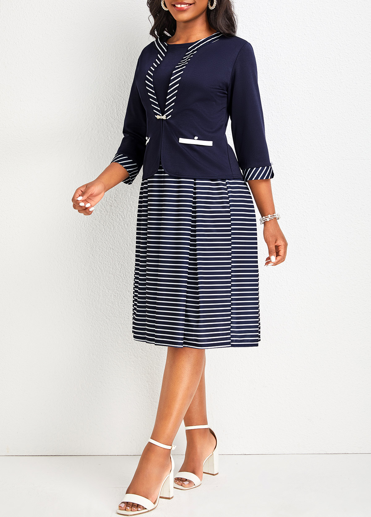 Patchwork Navy Striped Dress and Cardigan