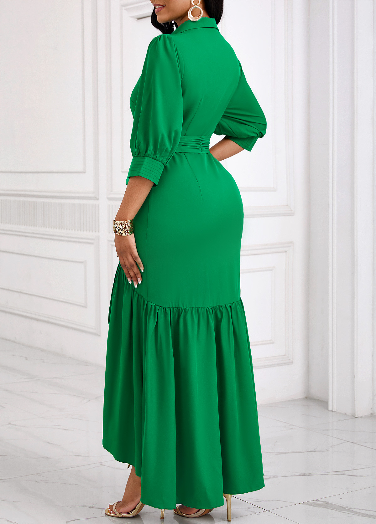 Green Button High Low Belted Mermaid Dress