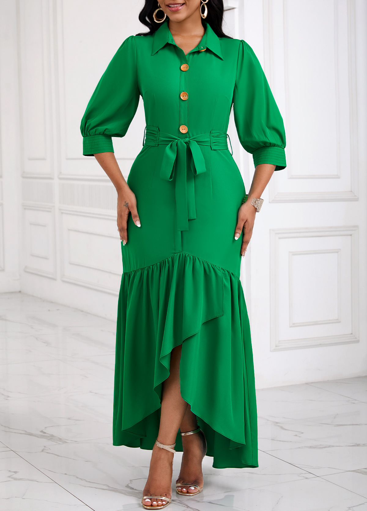 Green Button High Low Belted Mermaid Dress