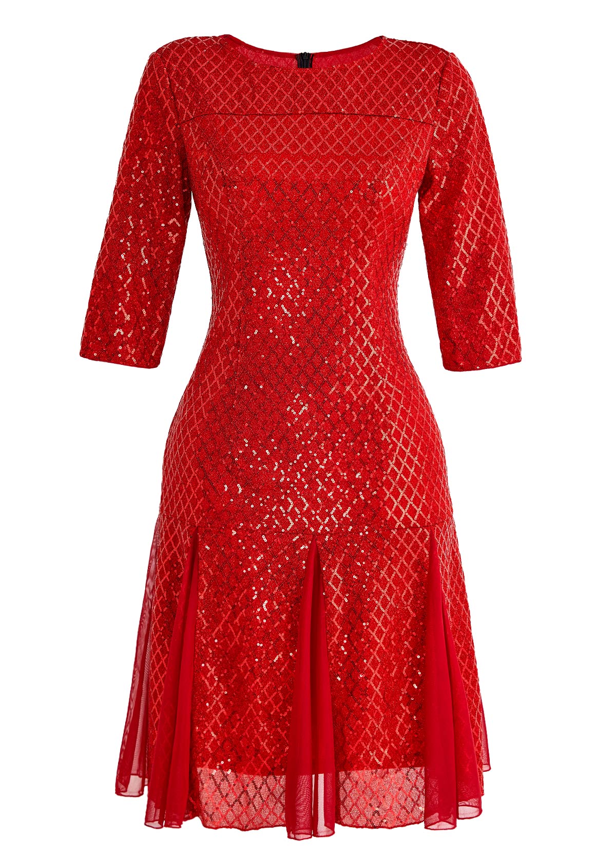 Red Sequin Three Quarter Length Sleeve Dress