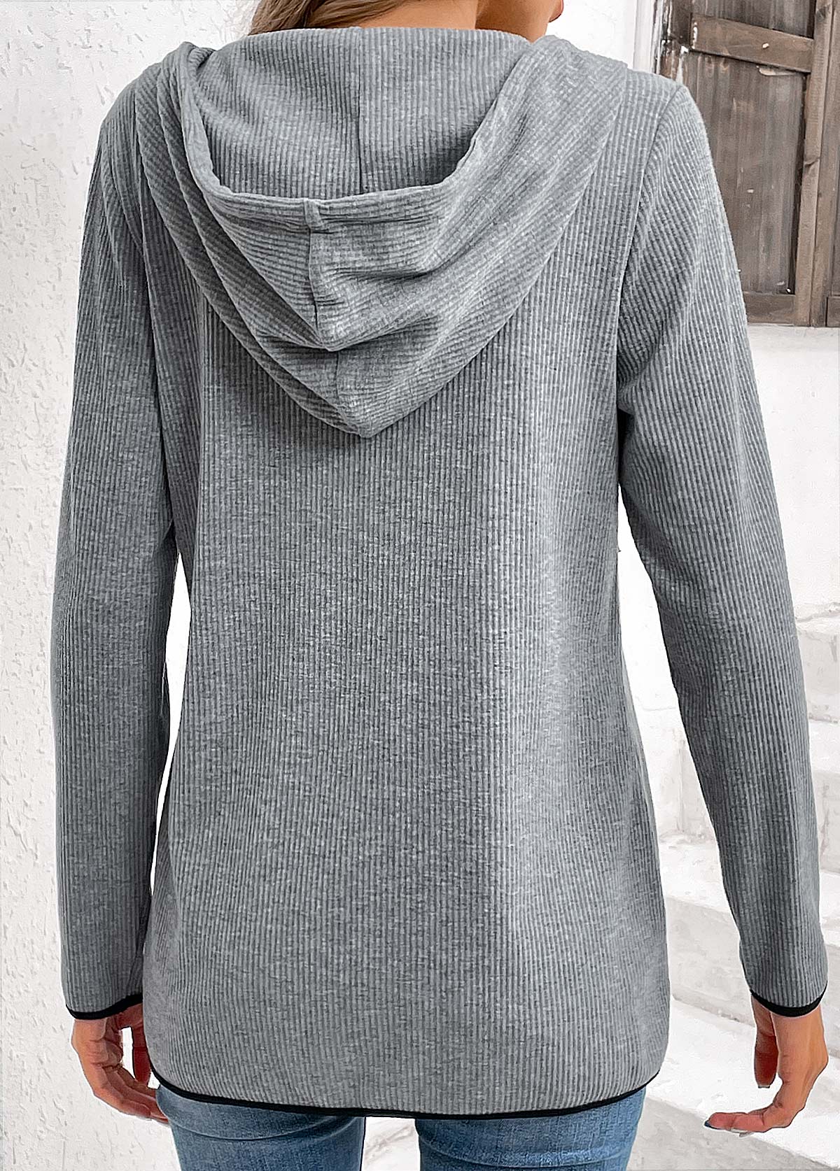 Grey Pocket Zipper Long Sleeve Hoodie | picture 