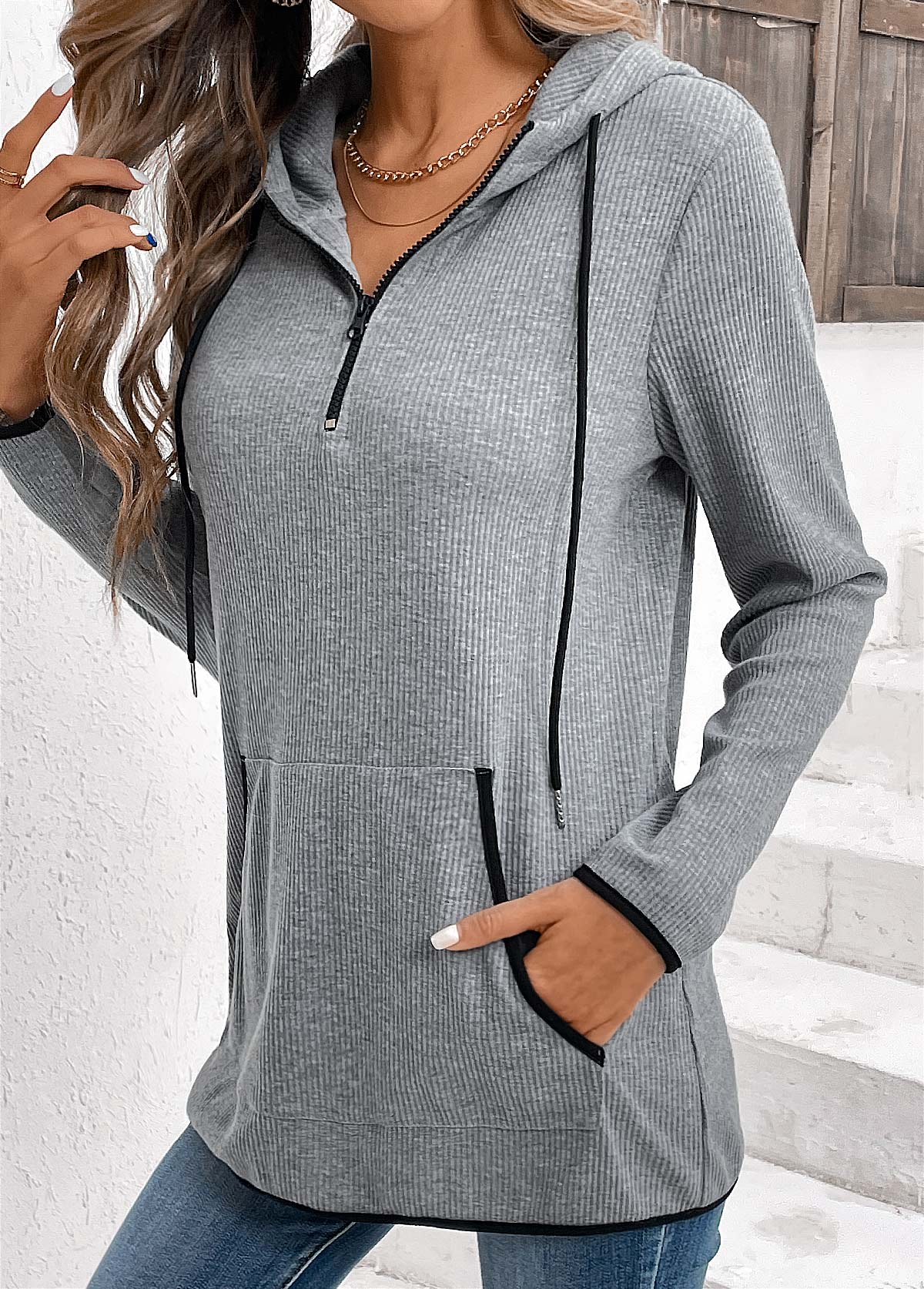 Grey Pocket Zipper Long Sleeve Hoodie | picture 