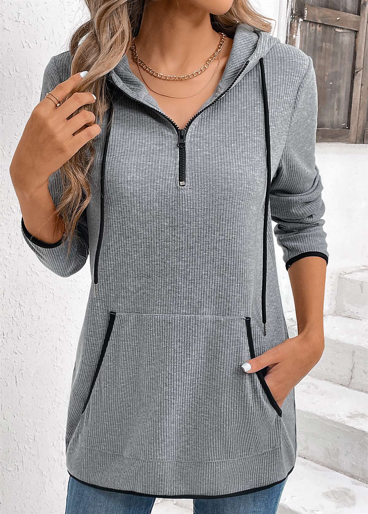 Grey Pocket Zipper Long Sleeve Hoodie | picture 