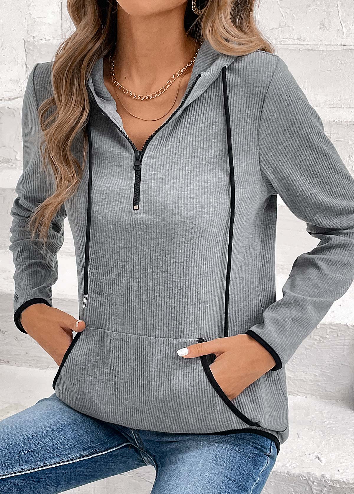 Grey Pocket Zipper Long Sleeve Hoodie | picture 