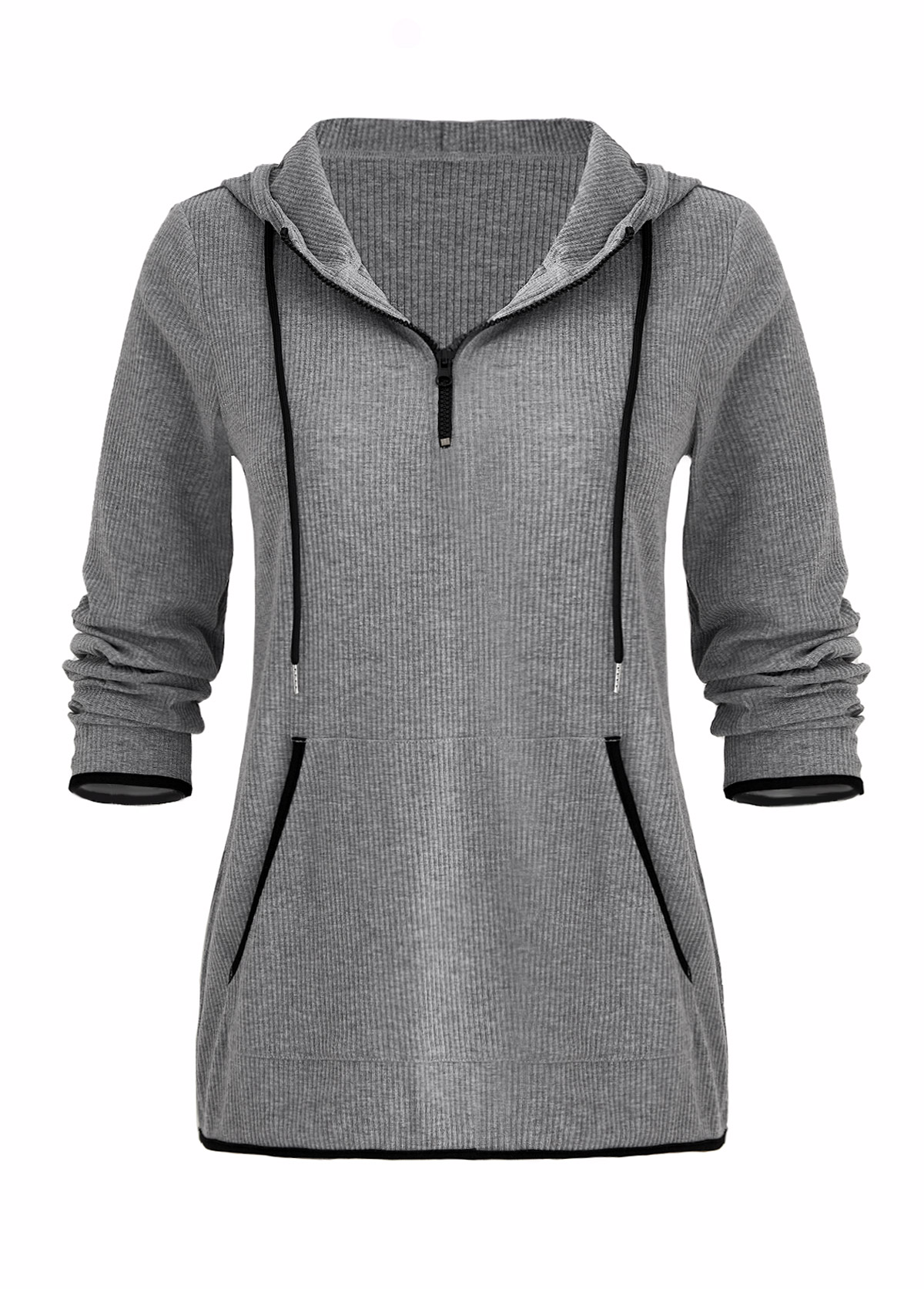 Grey Pocket Zipper Long Sleeve Hoodie | picture 