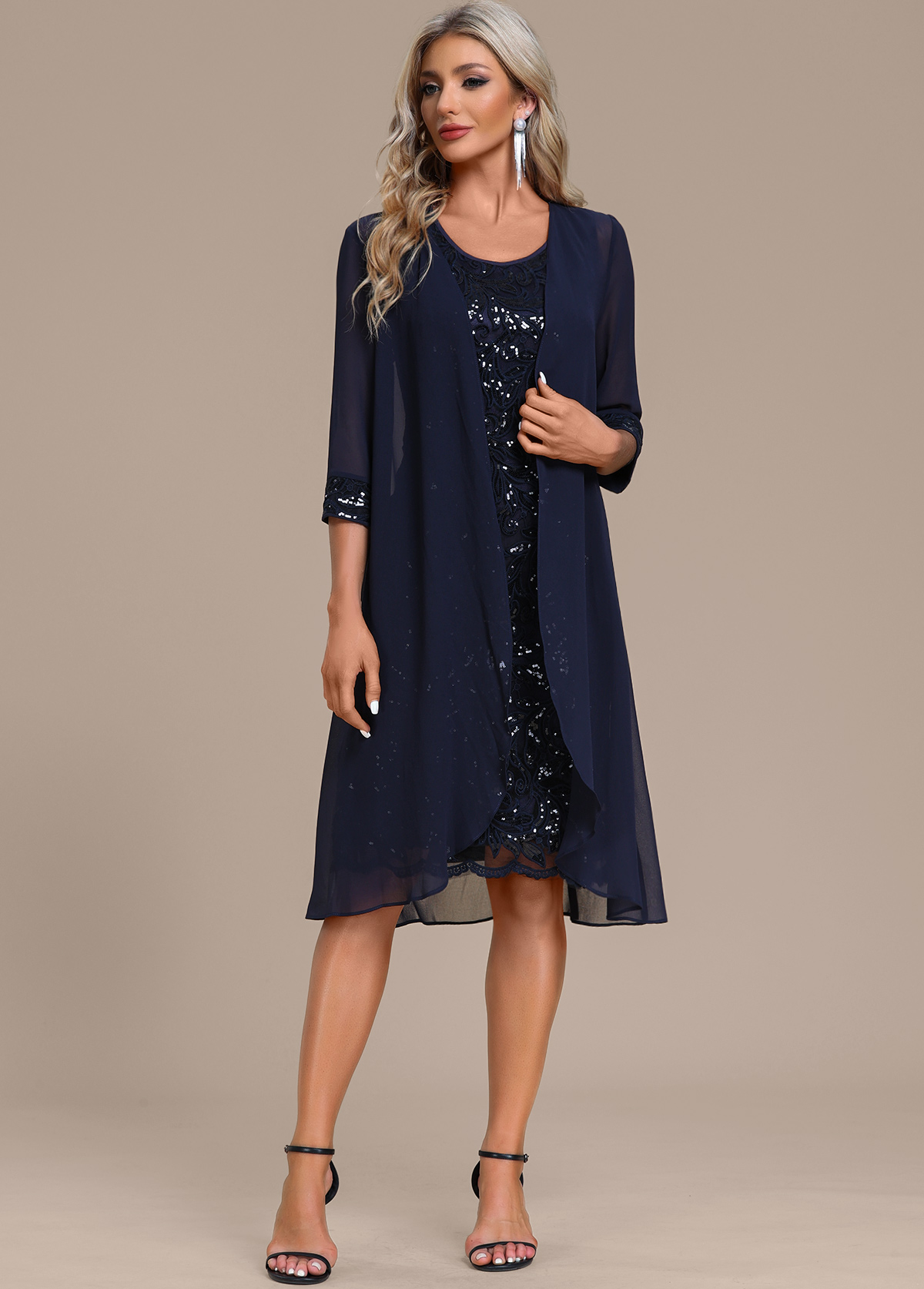 Navy Lace Sequin Shift Dress and Cardigan | modlily.com - USD 42.98