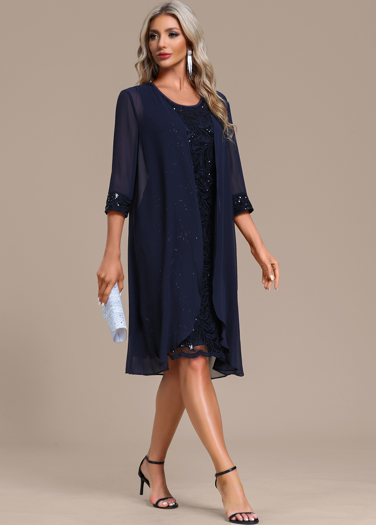 Navy Lace Sequin Shift Dress and Cardigan