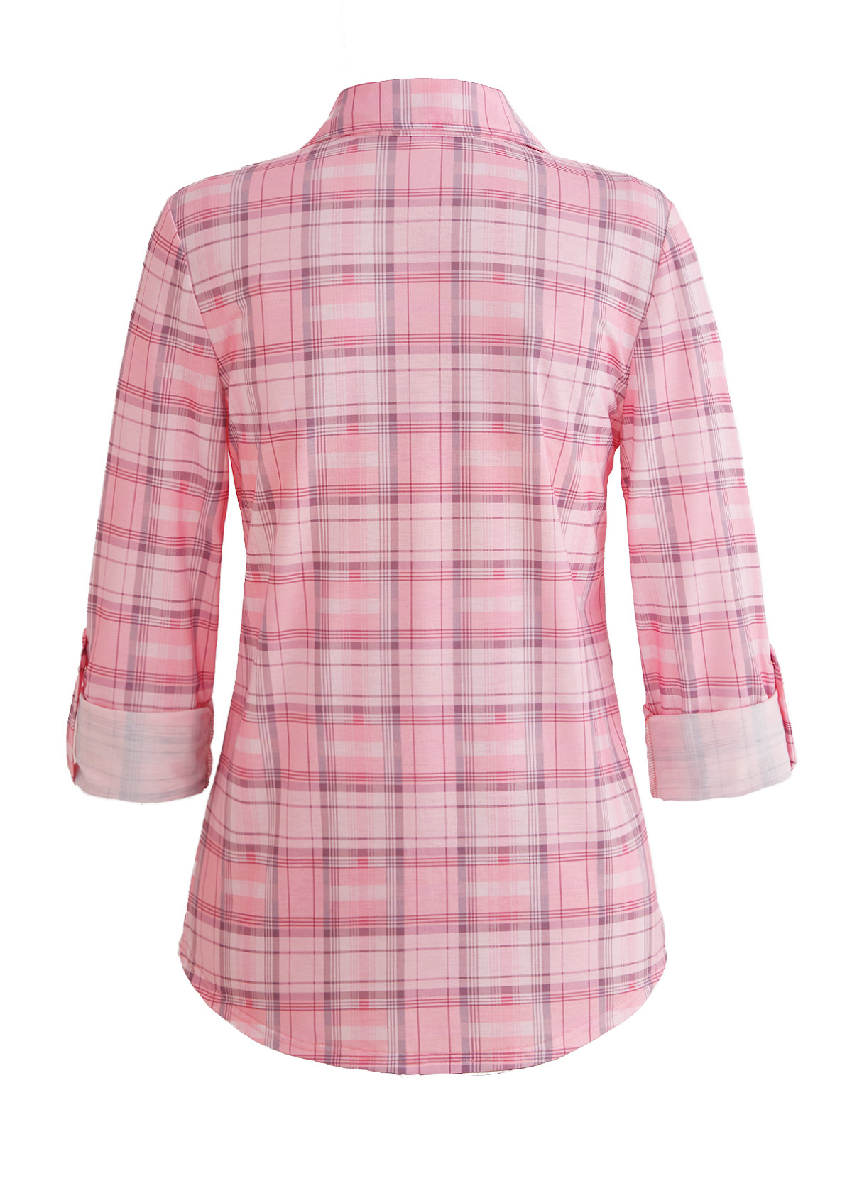 Pink Button Plaid Long Sleeve Shirt Collar Blouse