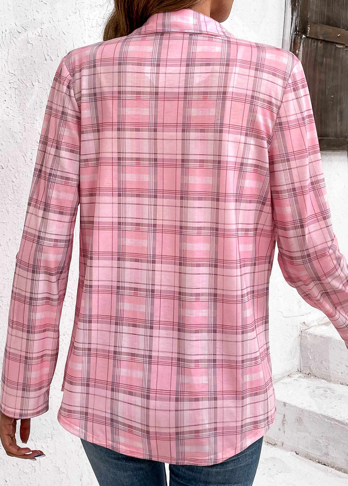 Pink Button Plaid Long Sleeve Shirt Collar Blouse