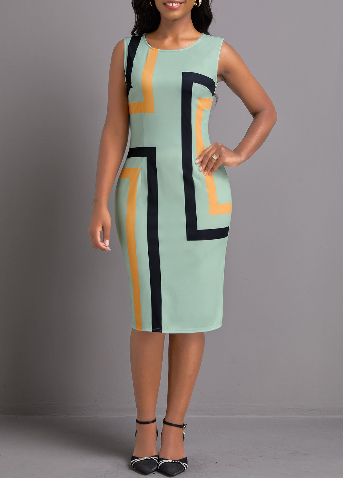 Sage Green Two Piece Geometric Print Dress and Cardigan