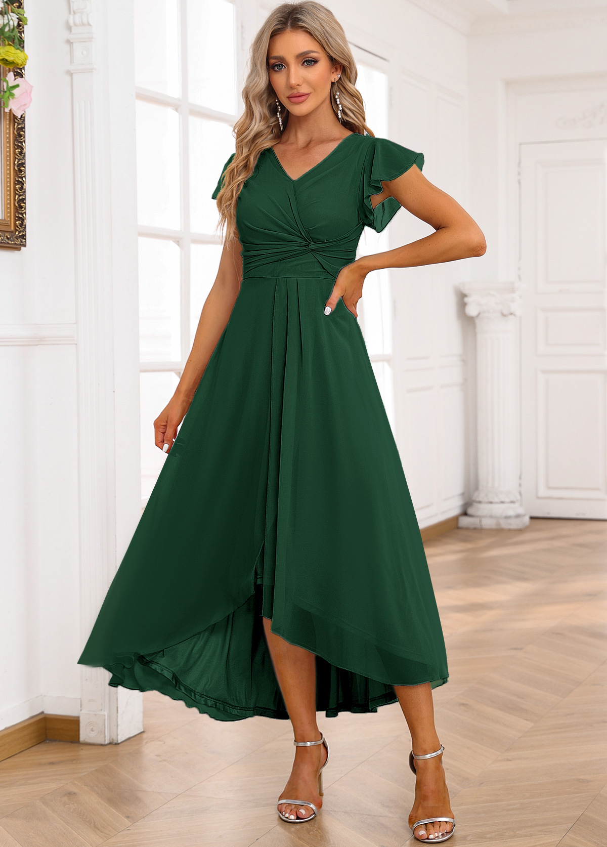 Blackish Green Twist High Low Short Sleeve Dress