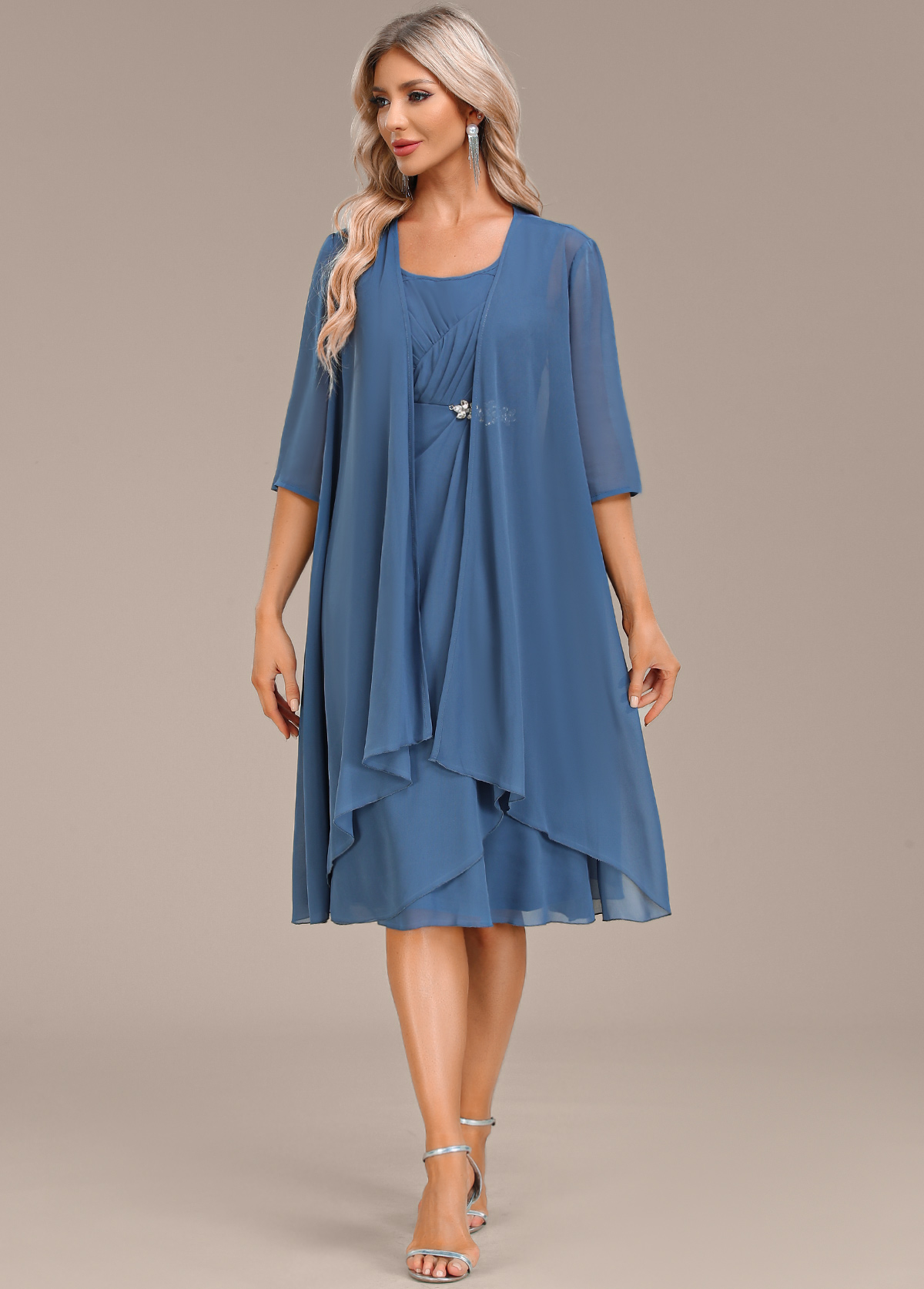 Blue Two Piece Suit Round Neck Dress and Cardigan