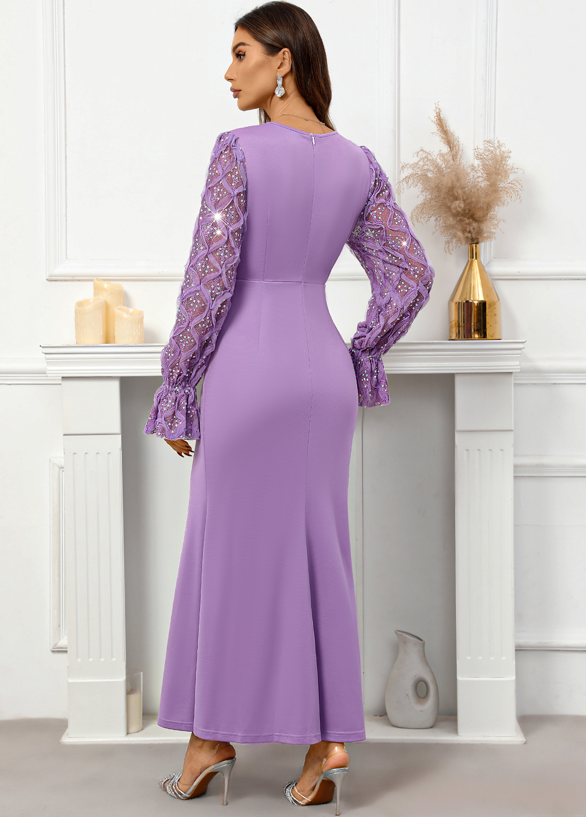 Purple Sequin Maxi Long Sleeve V Neck Bodycon Dress